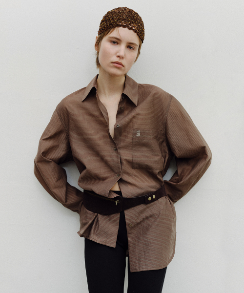STRIPE SHEER TENCEL SHIRT - BROWN