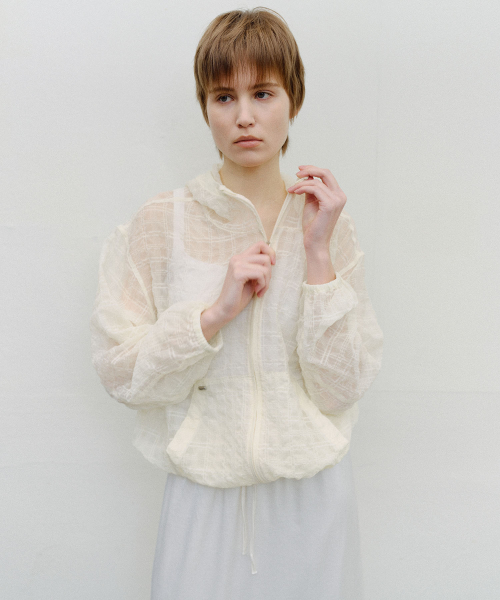 SHEER CHECK HOODED WINDBREAKER - CREAM