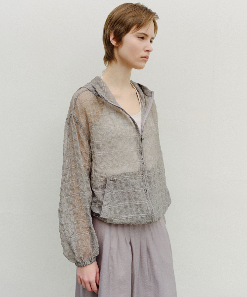 SHEER CHECK HOODED WINDBREAKER - GREY