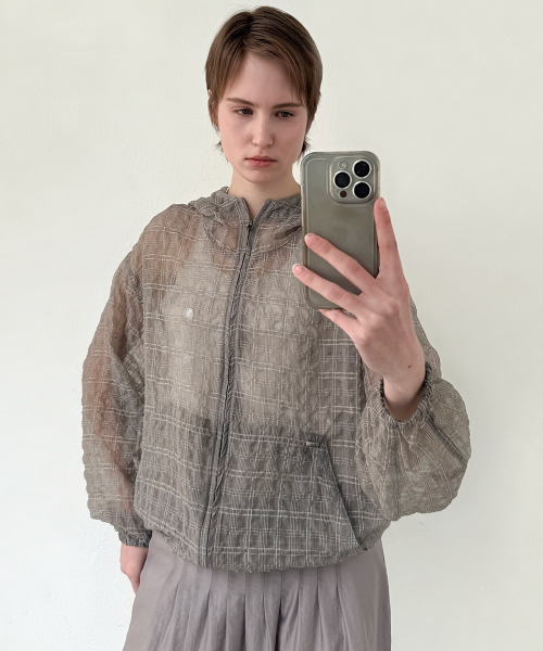 SHEER CHECK HOODED WINDBREAKER - GREY