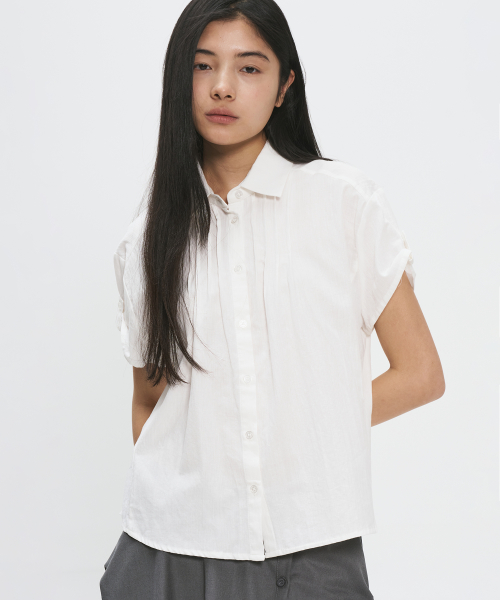 베이직 핀턱 포인트 소매 롤업 투웨이 코튼 카라 반팔 셔츠 블라우스_3COLOR