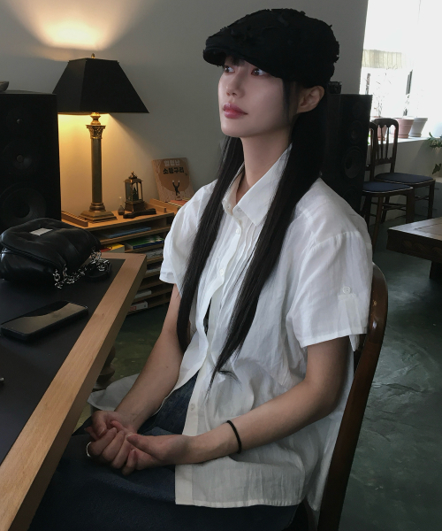 베이직 핀턱 포인트 소매 롤업 투웨이 코튼 카라 반팔 셔츠 블라우스_3COLOR