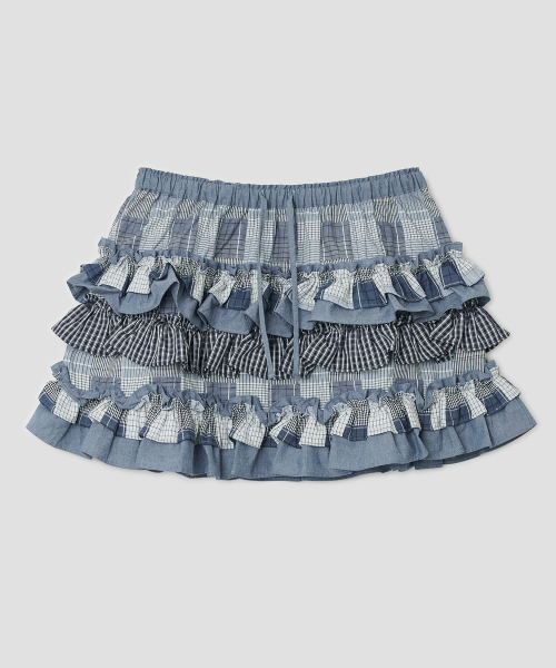 Mixed Fabric Tiered Skirt [Blue]