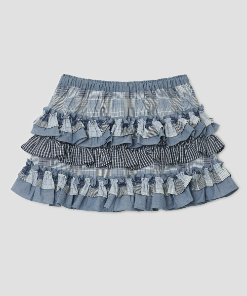 Mixed Fabric Tiered Skirt [Blue]
