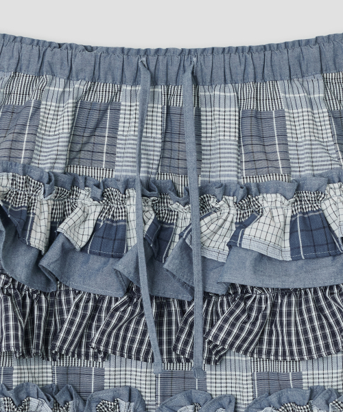 Mixed Fabric Tiered Skirt [Blue]
