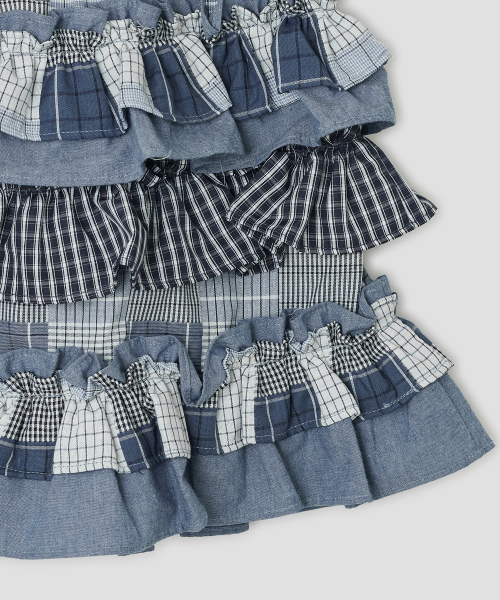 Mixed Fabric Tiered Skirt [Blue]