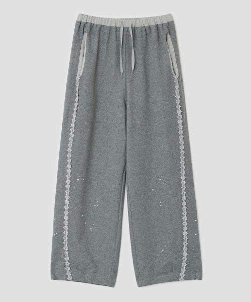 Lace Trim Hotfix SweatPants [Gray]