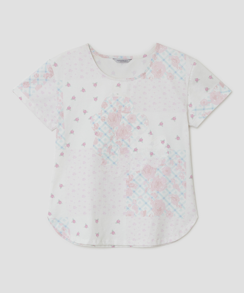Flower Applique Curve Short Sleeve Top [Pink]