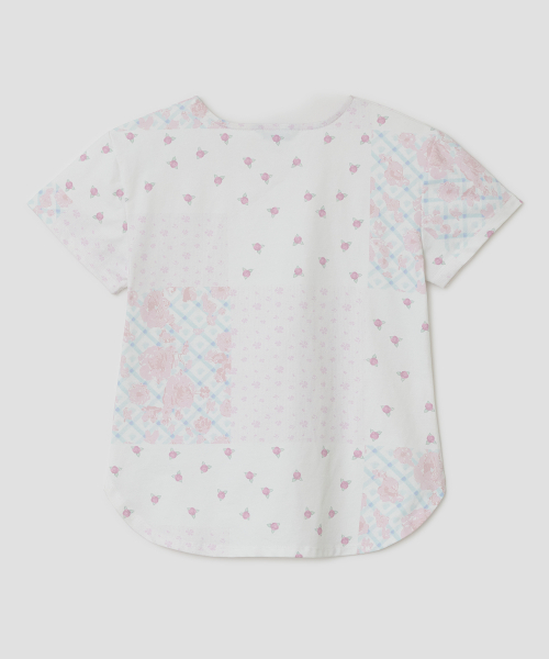 Flower Applique Curve Short Sleeve Top [Pink]