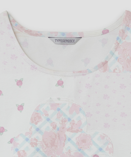 Flower Applique Curve Short Sleeve Top [Pink]