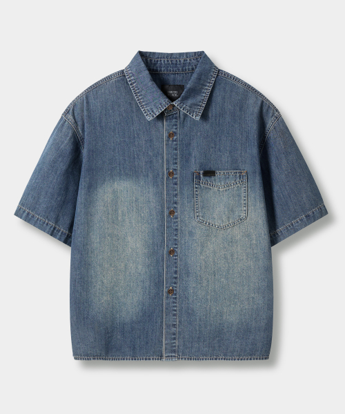 BIO WASHING CROP DENIM SHORT SLEEVE SHIRT_2 COLOR