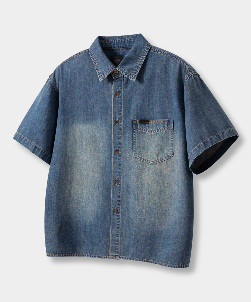 BIO WASHING CROP DENIM SHORT SLEEVE SHIRT_2 COLOR