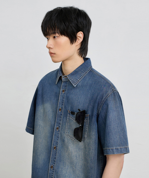 BIO WASHING CROP DENIM SHORT SLEEVE SHIRT_2 COLOR