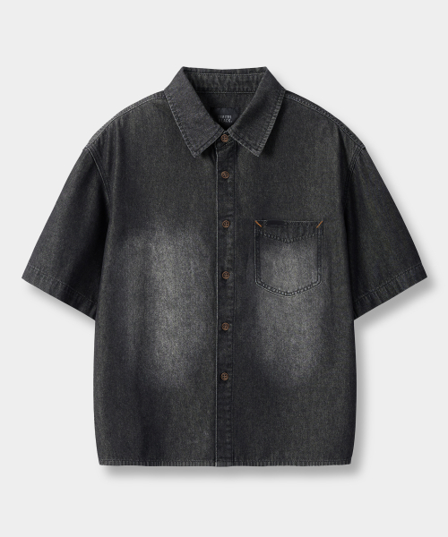 BIO WASHING CROP DENIM SHORT SLEEVE SHIRT_2 COLOR