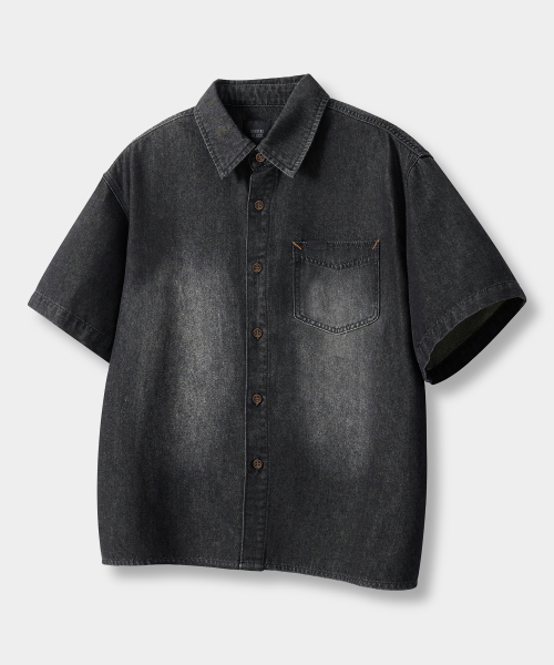 BIO WASHING CROP DENIM SHORT SLEEVE SHIRT_2 COLOR