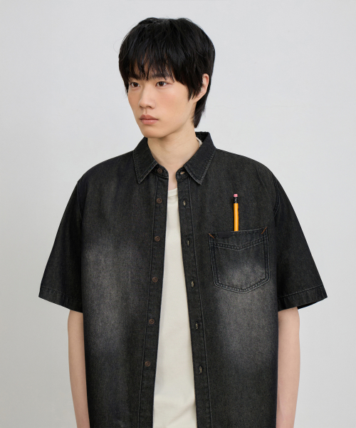 BIO WASHING CROP DENIM SHORT SLEEVE SHIRT_2 COLOR