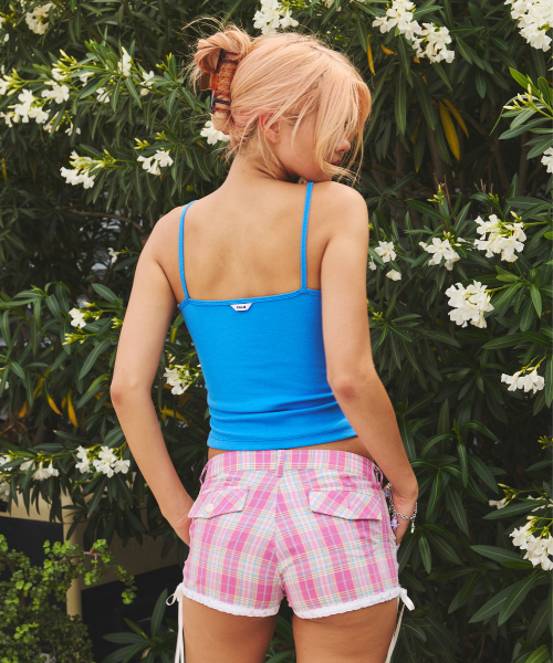 LACE TRIM LOW-RISE CHECK SHORTS PINK