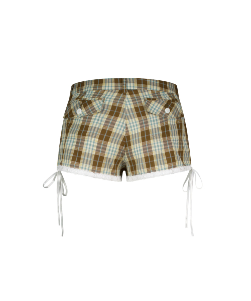 LACE TRIM LOW-RISE CHECK SHORTS BROWN