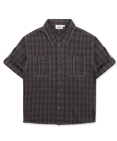 XTS045 러기드 크롭 체크 셔츠 (PURPLE/BROWN)
