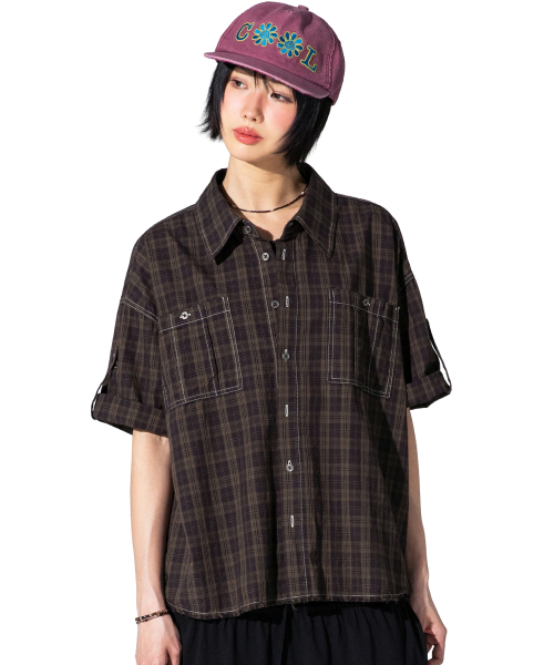 XTS045 러기드 크롭 체크 셔츠 (PURPLE/BROWN)