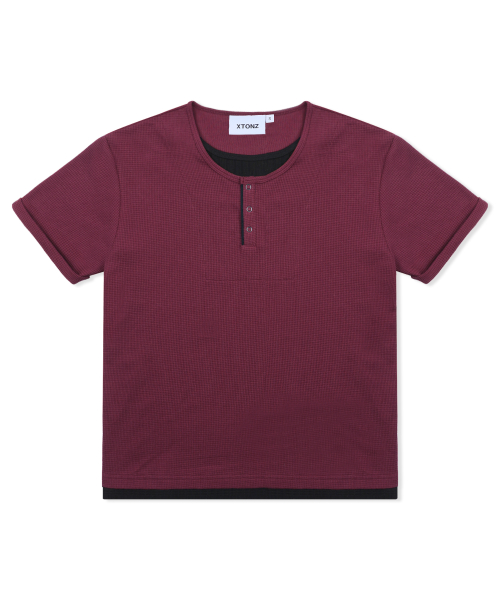 XTT158 레이어드 와플 헨리넥 티셔츠 (BURGUNDY)