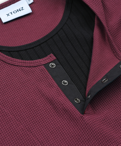 XTT158 레이어드 와플 헨리넥 티셔츠 (BURGUNDY)