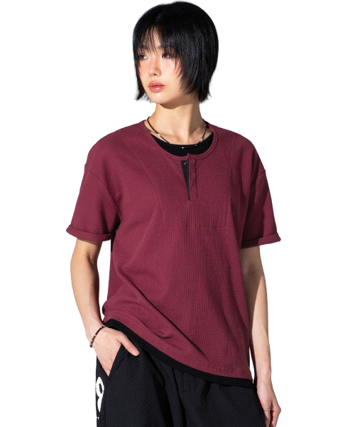 XTT158 레이어드 와플 헨리넥 티셔츠 (BURGUNDY)