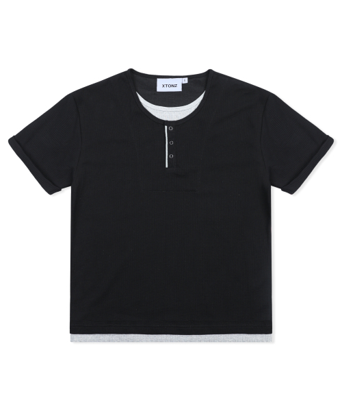 XTT158 레이어드 와플 헨리넥 티셔츠 (BLACK)