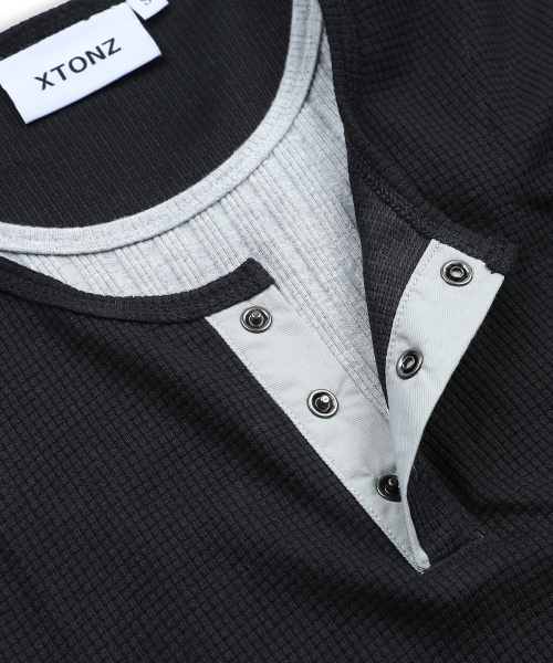 XTT158 레이어드 와플 헨리넥 티셔츠 (BLACK)