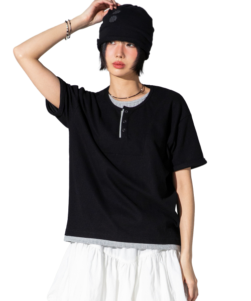 XTT158 레이어드 와플 헨리넥 티셔츠 (BLACK)