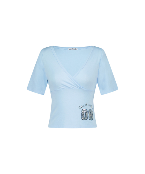 DEEP V SEQUIN WRAP T-SHIRTS SKYBLUE