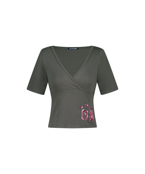 DEEP V SEQUIN WRAP T-SHIRTS CHARCOAL