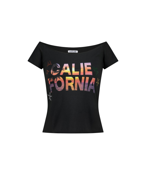 SUNSET RAW EDGE OFF SHOULDER T-SHIRT BLACK