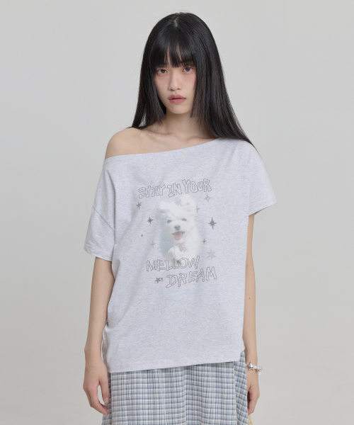 MELLOW DREAM Gooreum Off Shoulder Half Sleeve T-shirt MELANGE WHITE