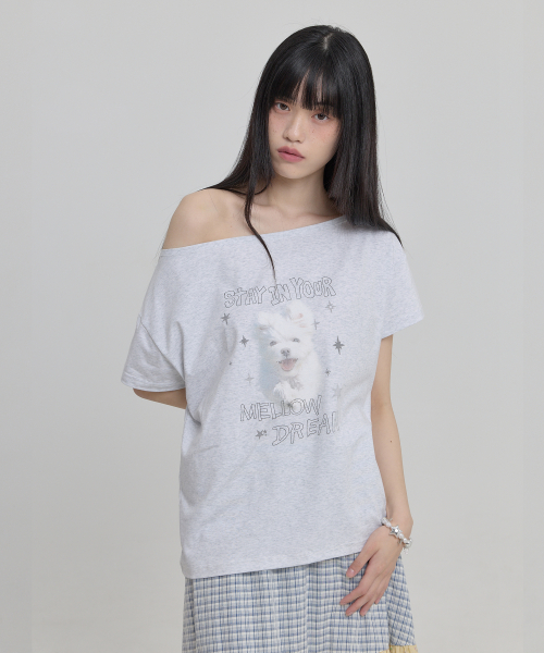 MELLOW DREAM Gooreum Off Shoulder Half Sleeve T-shirt MELANGE WHITE