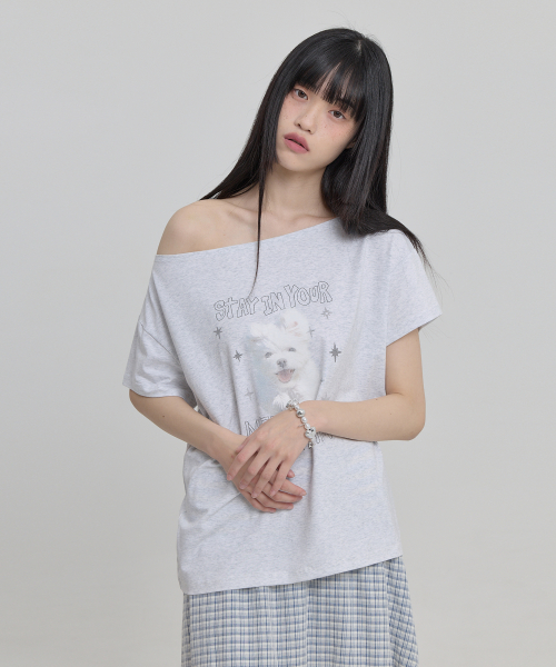 MELLOW DREAM Gooreum Off Shoulder Half Sleeve T-shirt MELANGE WHITE