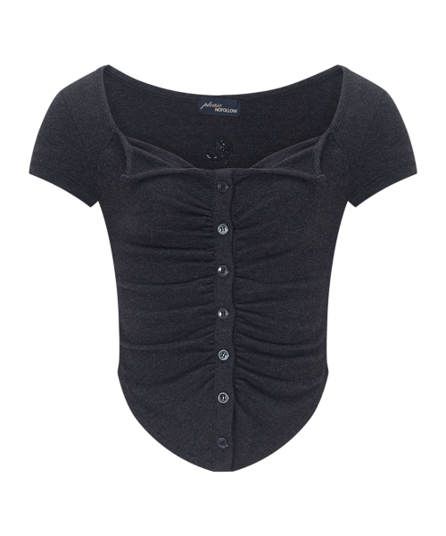 Kaya Button Shirring Short Sleeve Top (Melange Black)