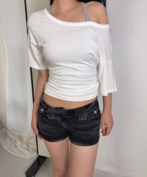 Vin U-Neck Shirring Short Sleeve Top (White)