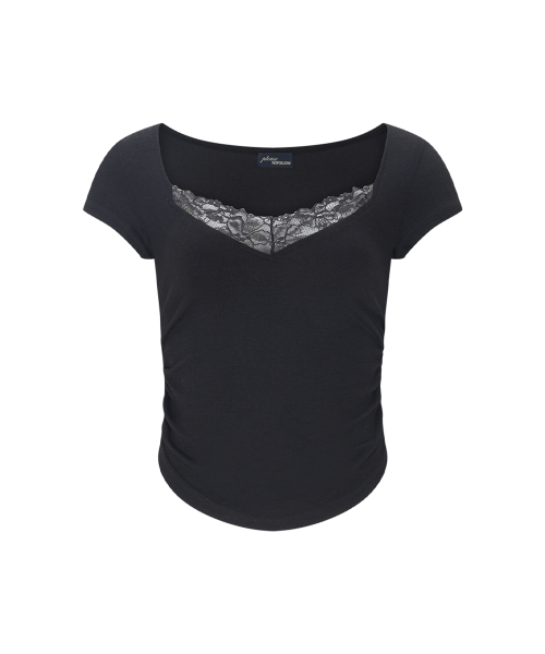 Vera Lace Shirring Short Sleeve Top (Black)