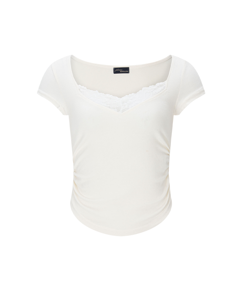 Vera Lace Shirring Short Sleeve Top (Ivory)