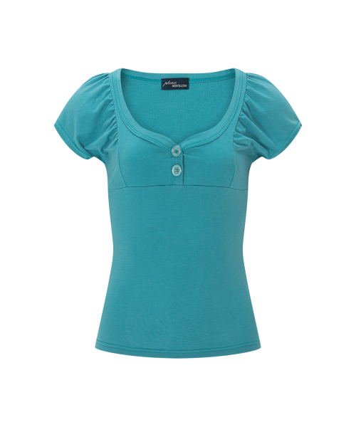 Sia Button Shirring Short Sleeve Top (Turquoise)