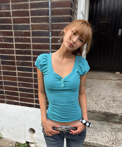 Sia Button Shirring Short Sleeve Top (Turquoise)
