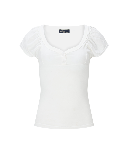 Sia Button Shirring Short Sleeve Top (White)