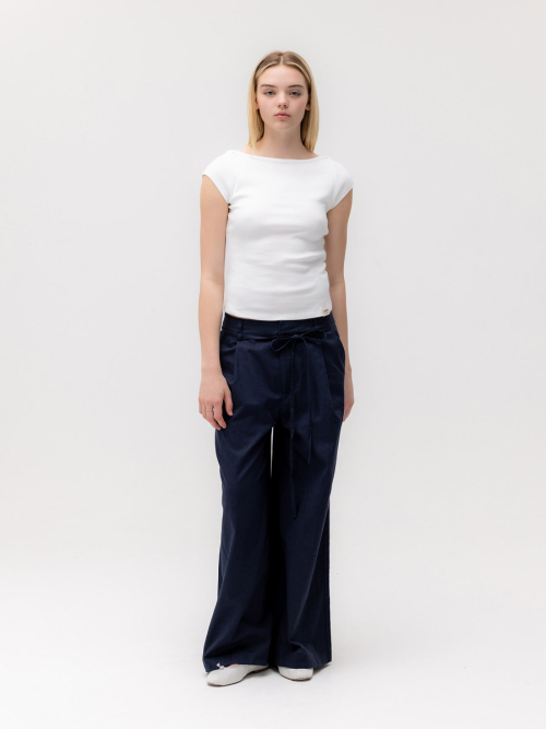 G BELTED LINEN WIDE PANTS (NAVY)