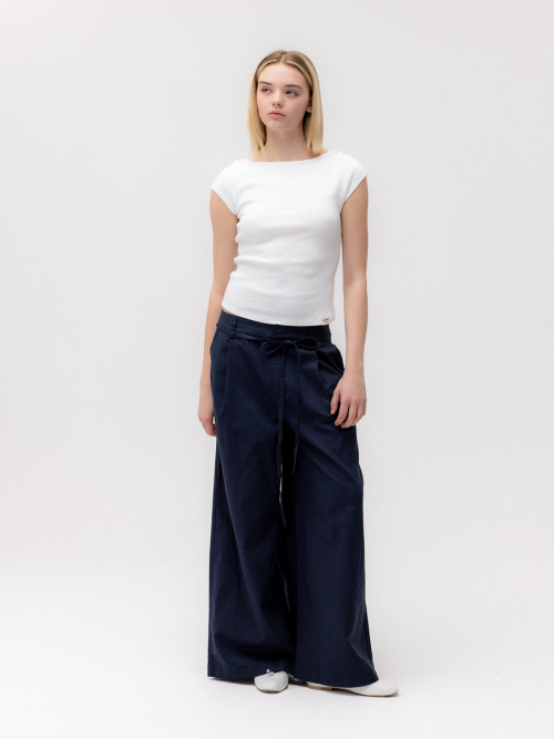 G BELTED LINEN WIDE PANTS (NAVY)