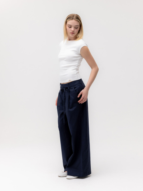 G BELTED LINEN WIDE PANTS (NAVY)