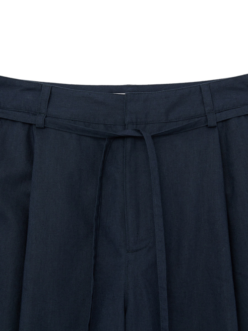 G BELTED LINEN WIDE PANTS (NAVY)