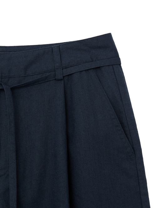 G BELTED LINEN WIDE PANTS (NAVY)