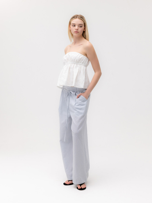 G BELTED LINEN WIDE PANTS (BLUE)