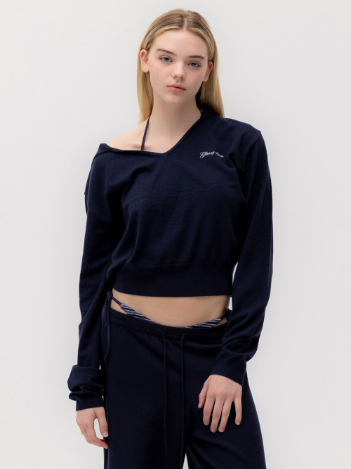 G HUG V-NECK KNIT HOODIE (NAVY)